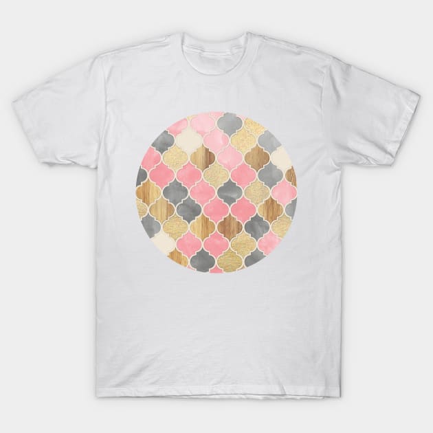 Silver Grey, Soft Pink, Wood & Gold Moroccan Pattern T-Shirt by micklyn